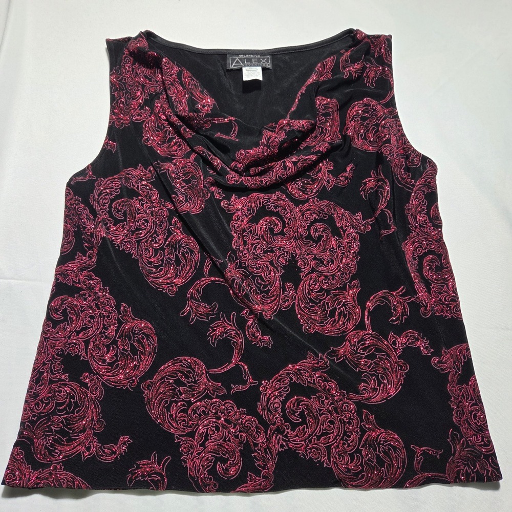 Alex Evenings Womens 1X Black Red Glitter Paisley Cowl Neck No Sleeve Blouse Top